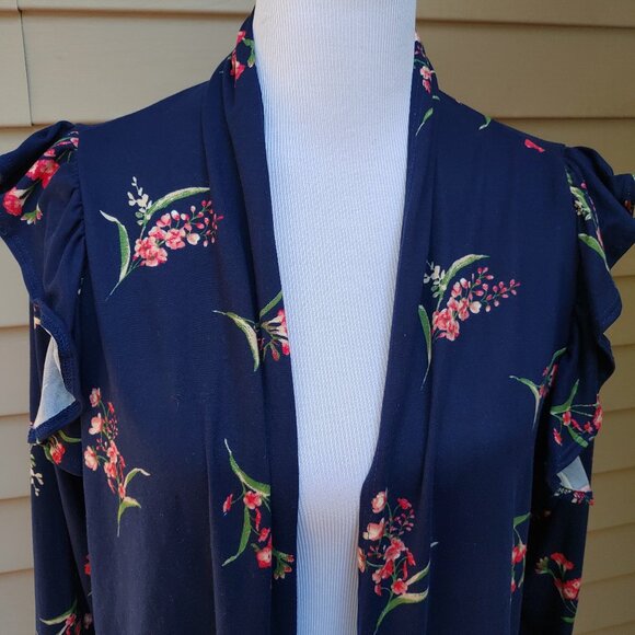 Isaac Liev Dark Blue Floral Print Cardigan Top Open-Front Long Sleeves Ruffle - Picture 4 of 11